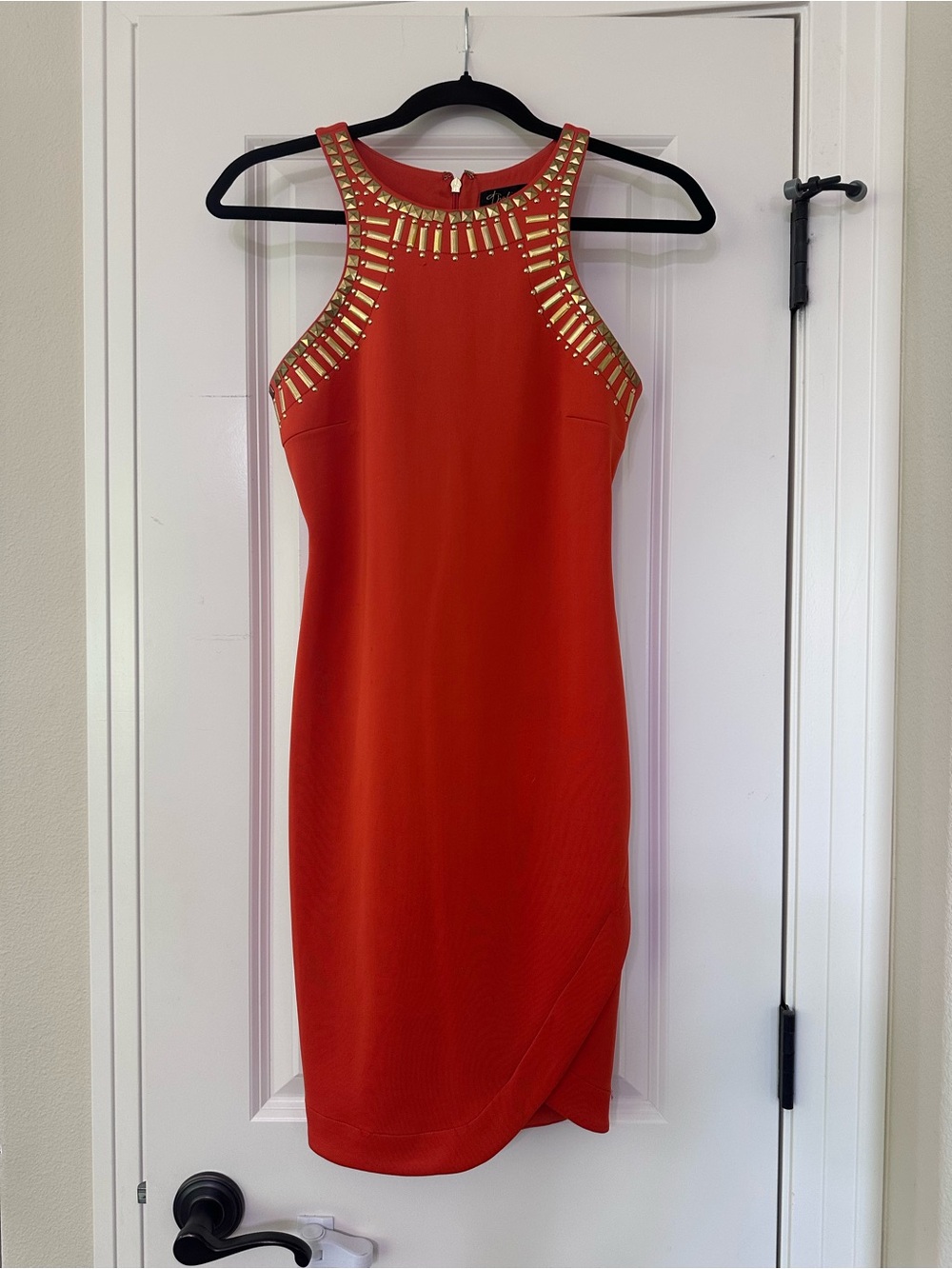 Thalia Sodi Red Midi Dress with Gold Stud Accents